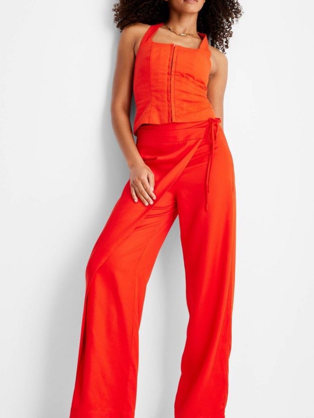 High-Rise Wide-Leg Tie-Waist Pants in Vivid Red size XXS